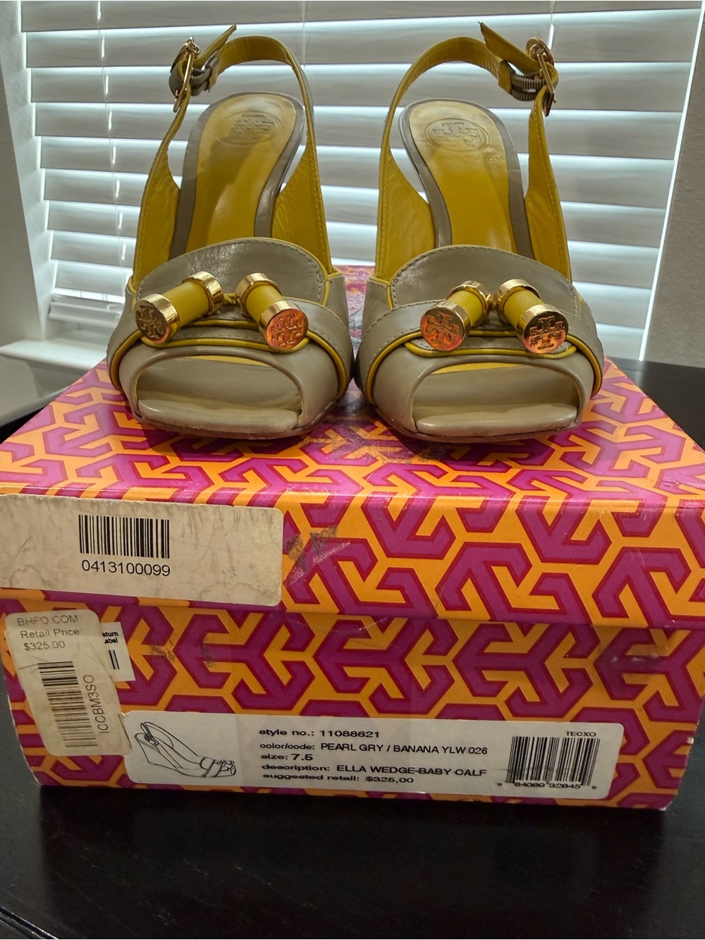 Tory Burch Two-Tone Slingback Wedge Sandals in Pearl Gray and Banana Yellow